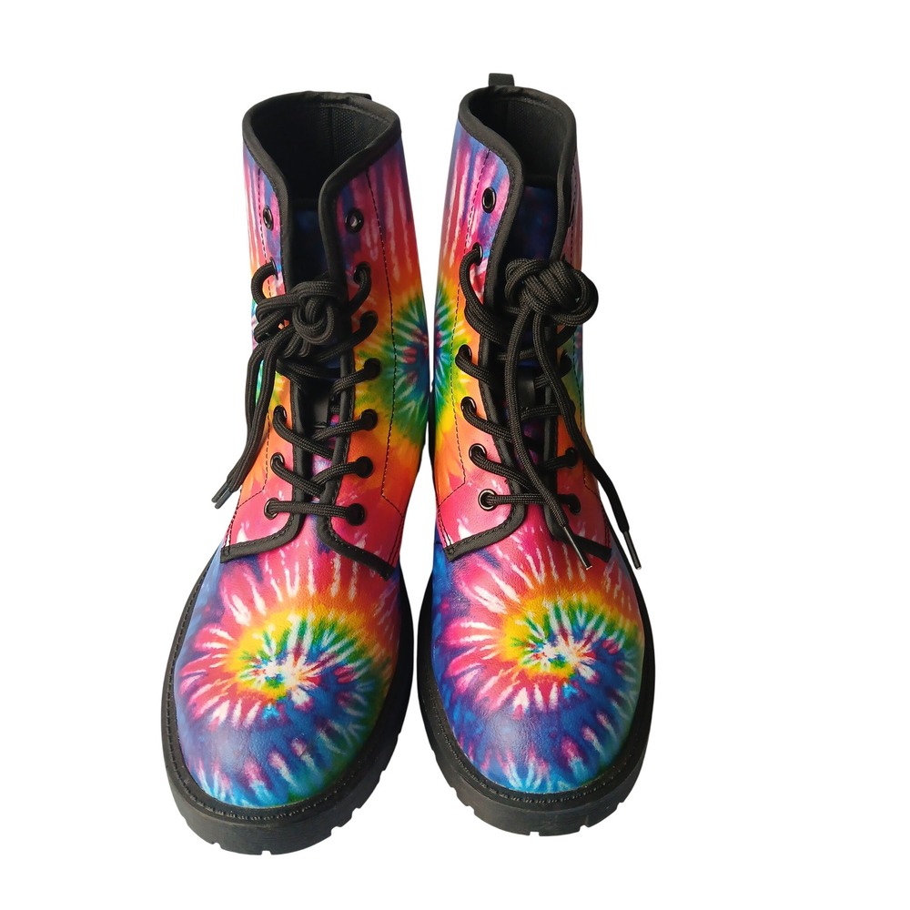 Rainbow Tie Dye Combat Boots Lace Up Psychedelic Festival Boots Multi Color 9